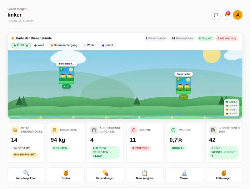 Startbildschirm von Apivoo am Computer, mit Karte der Bienenstände und Kennzahlen.