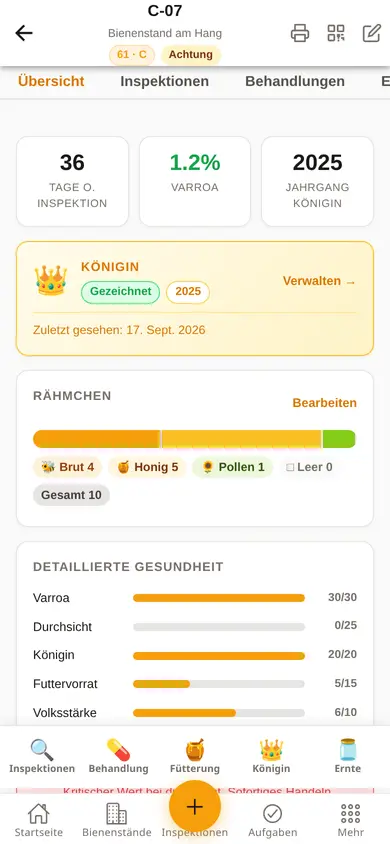 Stockkarte auf dem Handy: Tage seit der Durchsicht, Varroa, gezeichnete Königin, Waben und detaillierte Gesundheit.