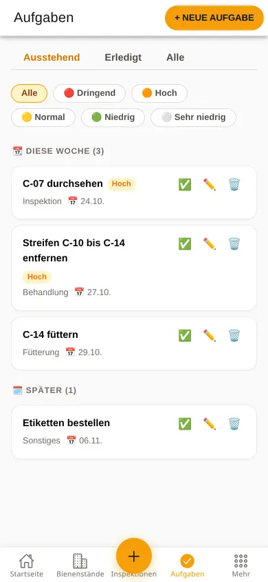 Aufgabenliste auf dem Handy, mit Prioritäten und Terminen für diese Woche und später.