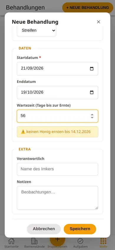 Behandlungsformular auf dem Handy: Apilife Var, Beginn und Ende, 56 Tage Wartezeit und der Hinweis mit dem Datum, bis zu dem kein Honig geerntet wird.