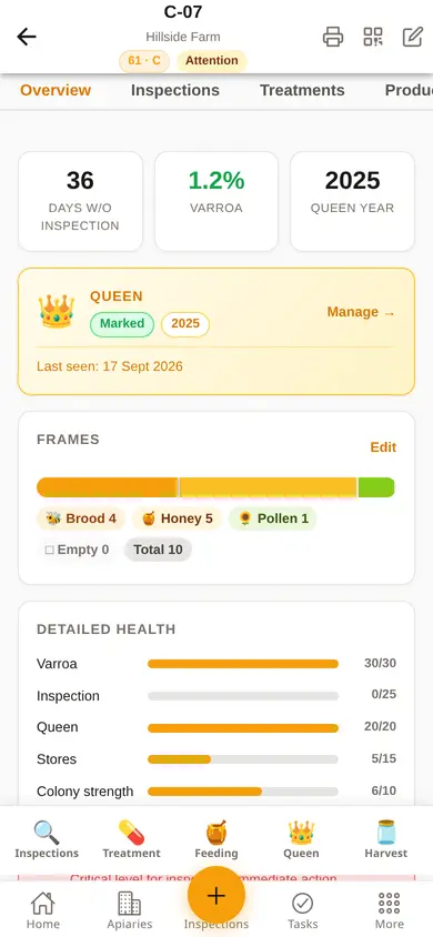 A hive record on a phone: days since the last inspection, varroa, marked queen, frames and detailed health.