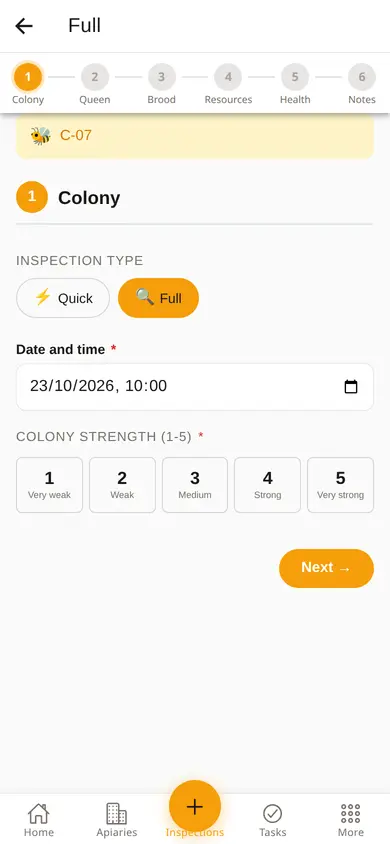 Inspection form on a phone, with the steps colony, queen, brood, resources, health and notes, and colony strength from 1 to 5.