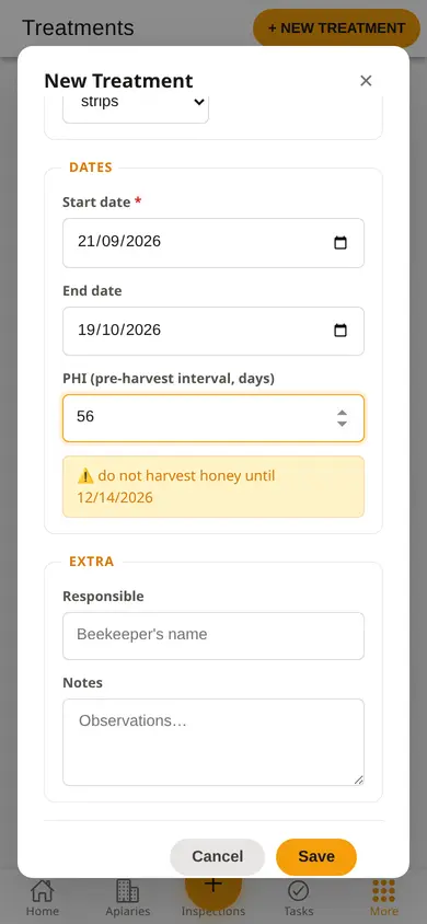 Treatment form on a phone: Apilife Var, start and end dates, a 56-day withdrawal period and the warning with the date until which no honey is harvested.