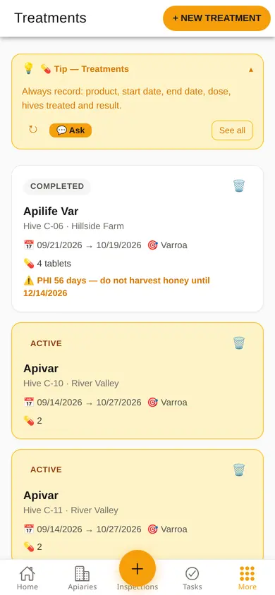 Treatment list on a phone: the finished Apilife Var shows the 56-day withdrawal period and the date until which no honey is harvested.