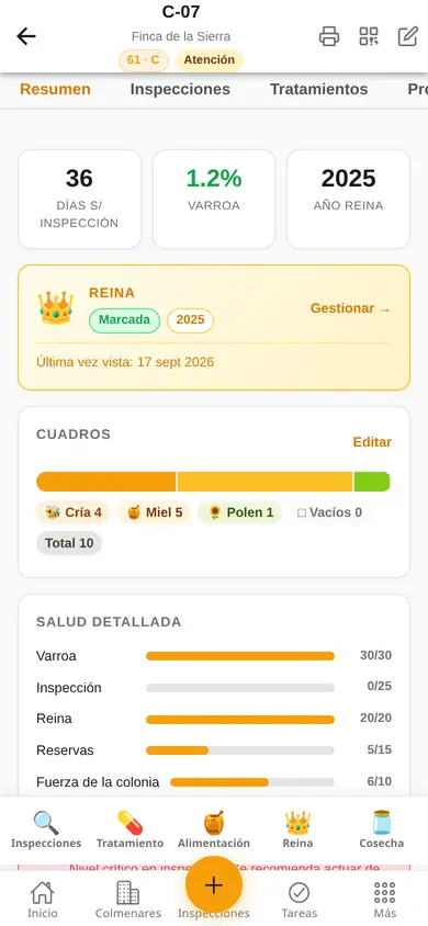 Ficha de una colmena en el móvil: días desde la inspección, varroa, reina marcada, cuadros y salud detallada.