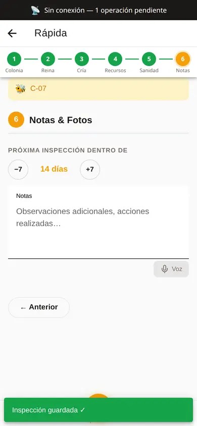 Inspección rápida de la colmena C-07 guardada sin red: franja arriba con 1 operación pendiente y aviso de inspección guardada.