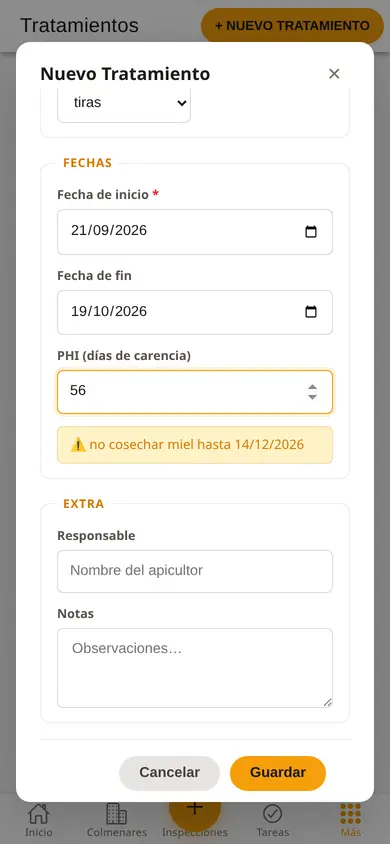 Formulario de tratamiento en el móvil: Apilife Var, fechas de inicio y fin, 56 días de tiempo de espera y el aviso con la fecha hasta la que no se cosecha miel.