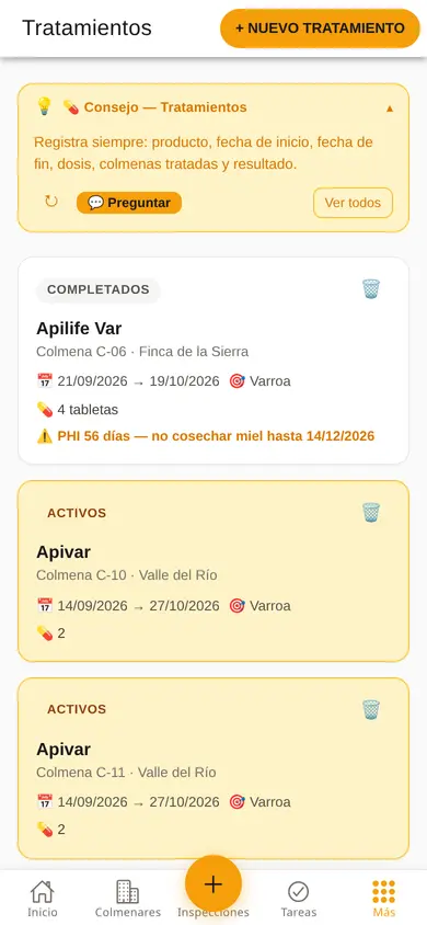 Lista de tratamientos en el móvil: el Apilife Var terminado muestra los 56 días de tiempo de espera y la fecha hasta la que no se cosecha miel.