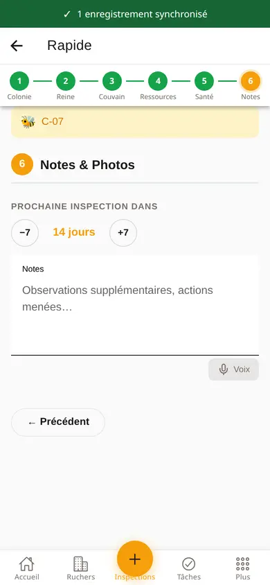 Le même écran une fois le réseau revenu : le bandeau en haut confirme 1 enregistrement synchronisé.