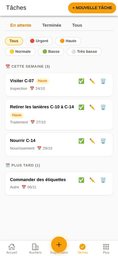 Liste de tâches sur un téléphone, avec priorités et dates pour cette semaine et plus tard.
