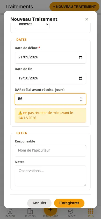 Formulaire de traitement sur téléphone : Apilife Var, dates de début et de fin, délai d'attente de 56 jours et l'avertissement avec la date jusqu'à laquelle on ne récolte pas de miel.