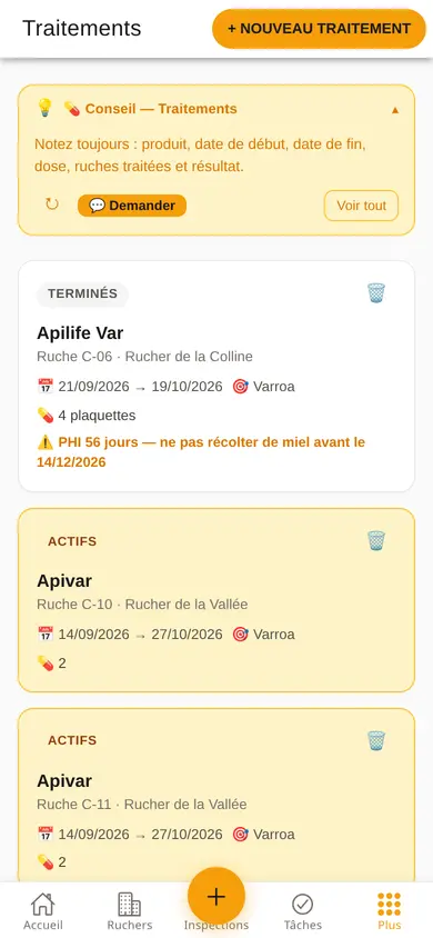 Liste des traitements sur téléphone : l'Apilife Var terminé affiche le délai d'attente de 56 jours et la date jusqu'à laquelle on ne récolte pas de miel.