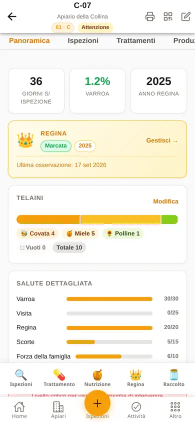 Scheda di un'arnia sul telefono: giorni dall'ultima visita, varroa, regina marcata, telaini e salute dettagliata.