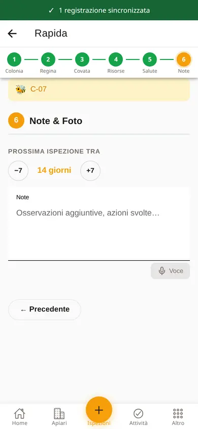 La stessa schermata dopo il ritorno della rete: la fascia in alto conferma 1 registrazione sincronizzata.