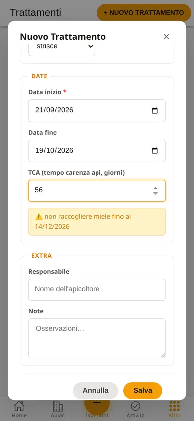 Modulo di trattamento sul telefono: Apilife Var, date di inizio e fine, 56 giorni di sospensione e l'avviso con la data fino alla quale non si raccoglie miele.