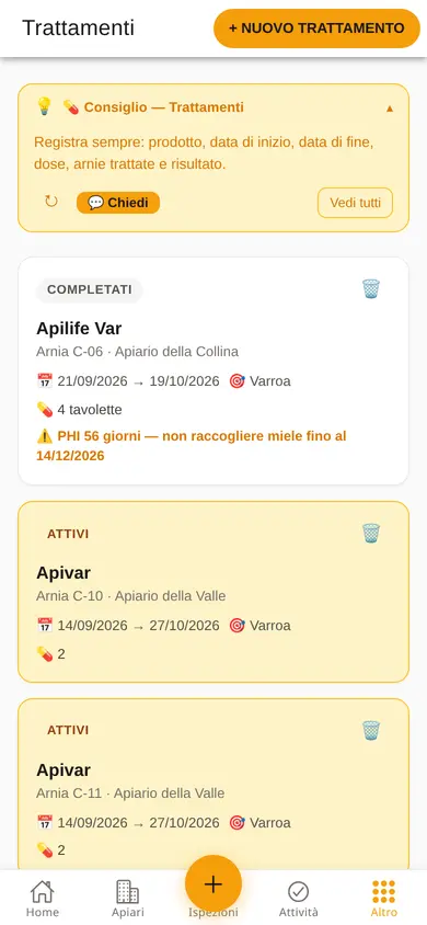 Elenco dei trattamenti sul telefono: l'Apilife Var concluso mostra i 56 giorni di sospensione e la data fino alla quale non si raccoglie miele.