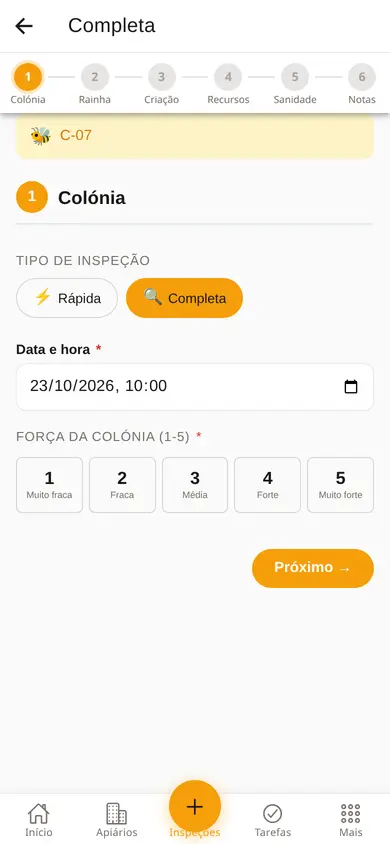 Formulário de inspeção no telemóvel, com os passos colónia, rainha, criação, recursos, sanidade e notas, e a força da colónia de 1 a 5.