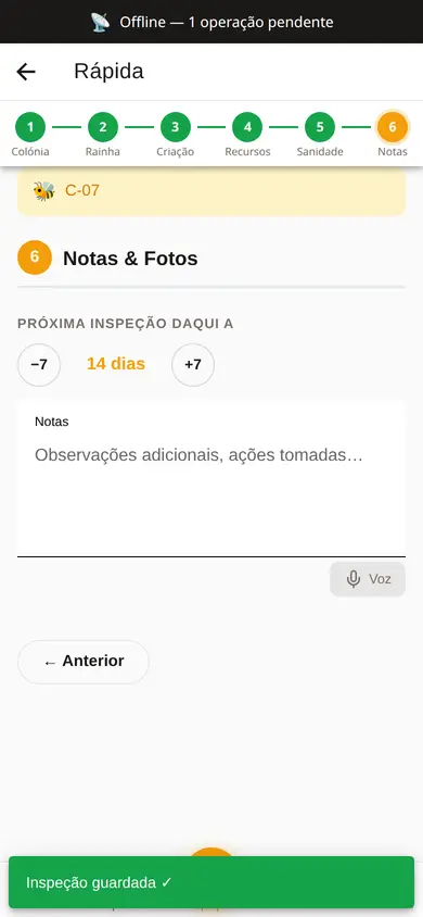 Inspeção rápida à colmeia C-07 guardada sem rede: faixa no topo com 1 operação pendente e aviso de inspeção guardada.