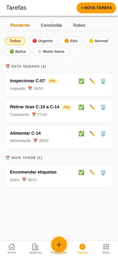 Lista de tarefas no telemóvel, com prioridades e datas para esta semana e mais tarde.