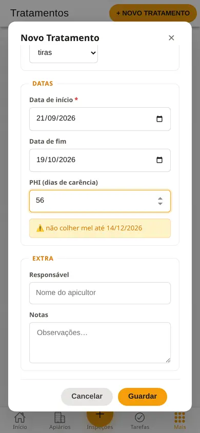 Formulário de tratamento no telemóvel: Apilife Var, datas de início e de fim, 56 dias de intervalo de segurança e o aviso com a data até à qual não se colhe mel.