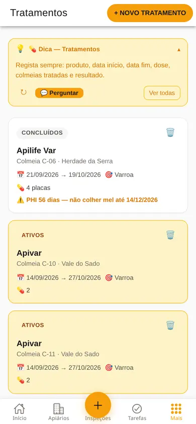 Lista de tratamentos no telemóvel: o Apilife Var concluído mostra os 56 dias de intervalo de segurança e a data até à qual não se colhe mel.